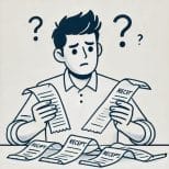 レシートを目の前に置いて悩む男性