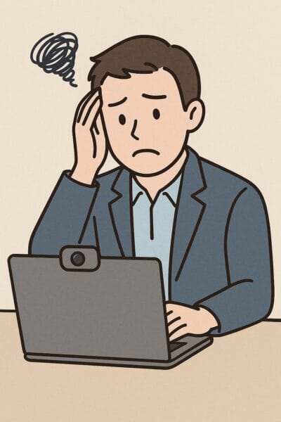 PCトラブルで困り切っている男性イラスト